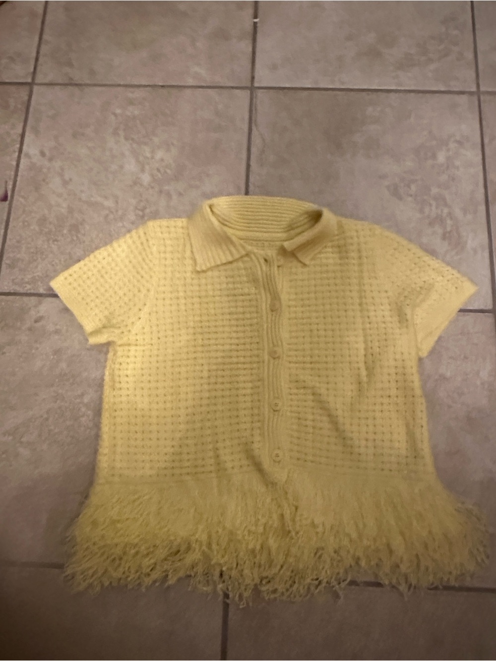 Amazon Yellow Short Sleeve Knit Button-Up Top with Feather Hem